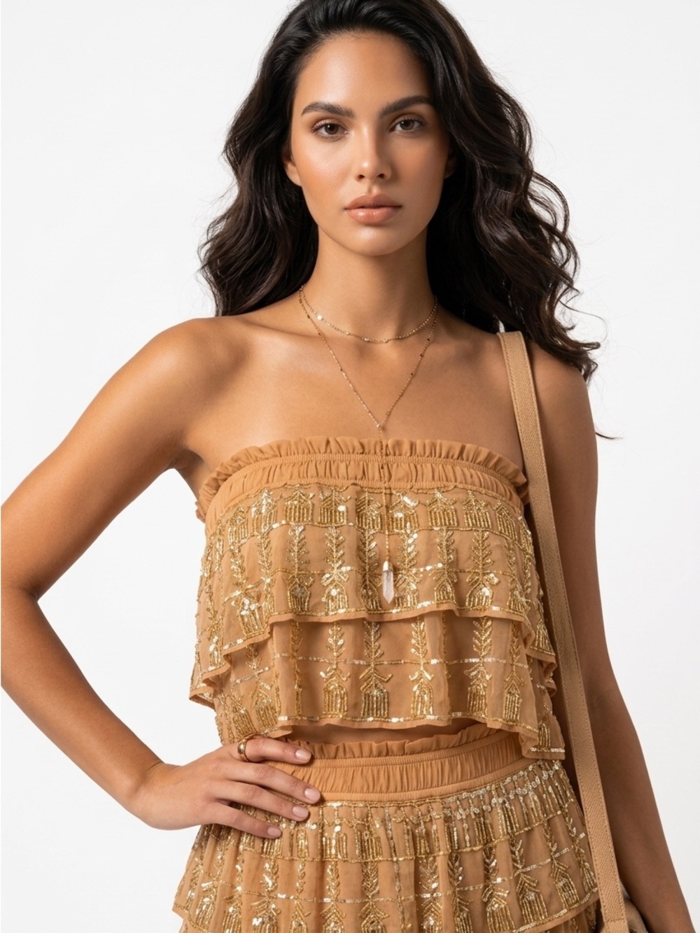 Tularosa Strapless Tiered Ruffle Crop Top in Camel with Metallic Embroidery